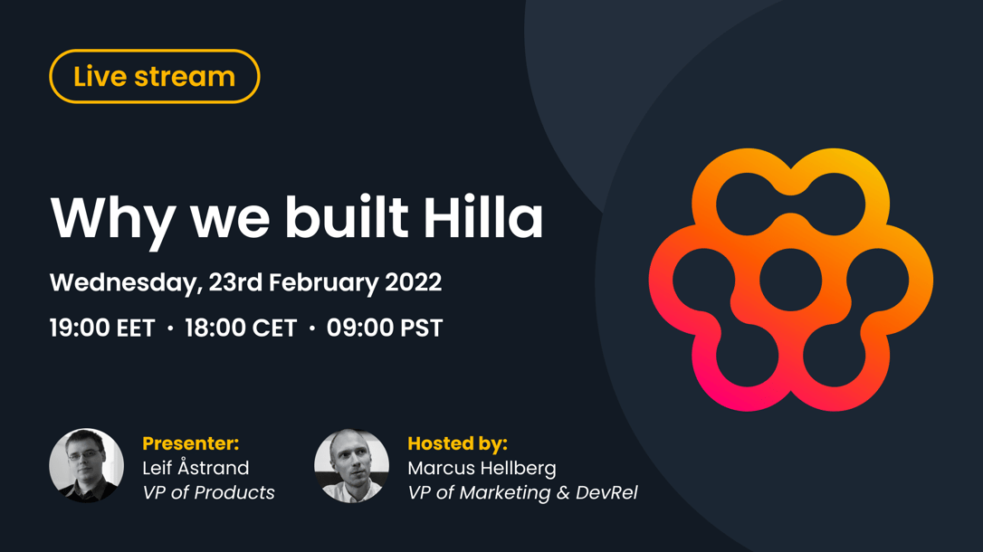 Hilla logo on black background with Why we built Hilla title. Live stream will take place on February 23 at 17:00 UTC